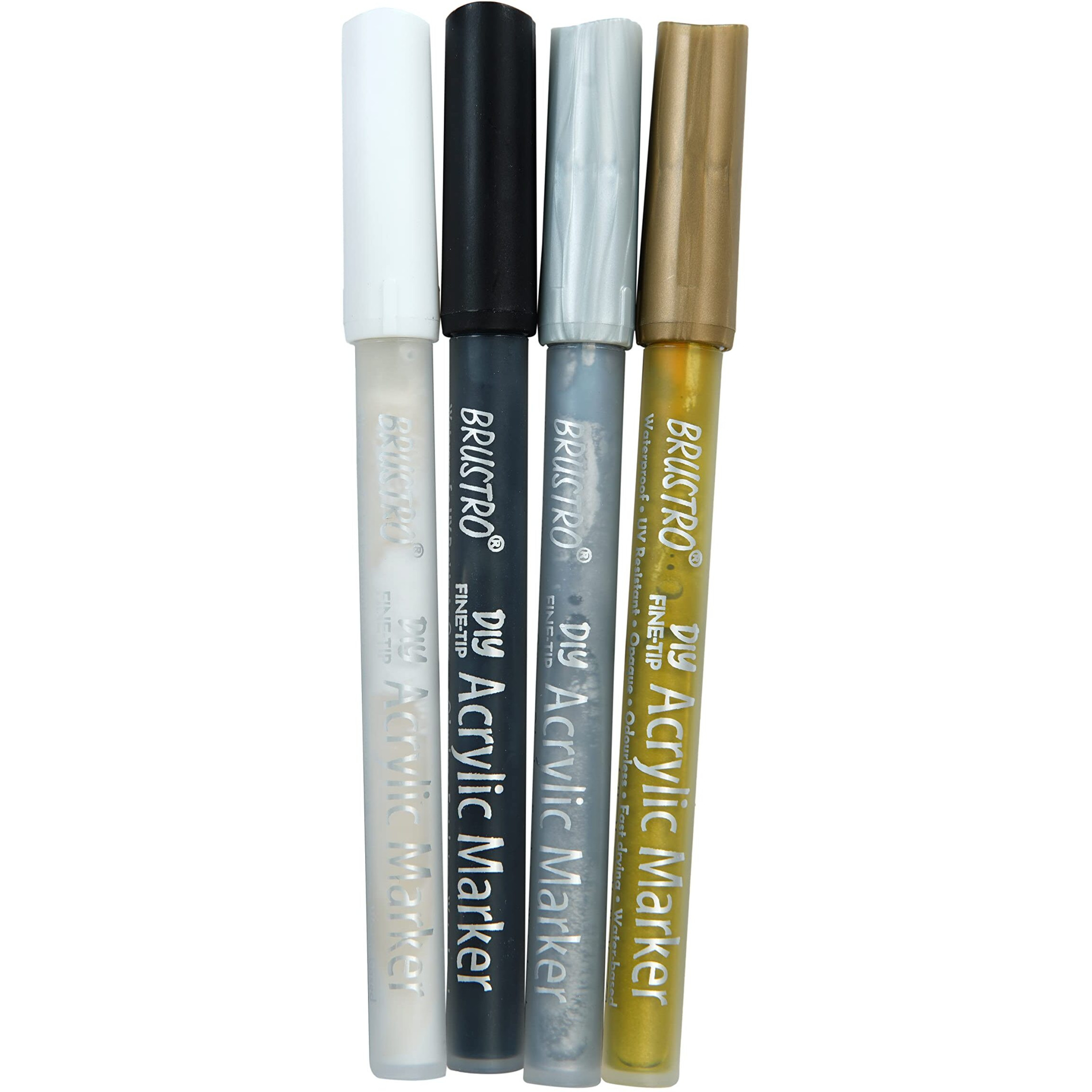 Brustro Acrylic (DIY) Fine Tip Marker Set of 4 - Gold, Silver, Black, White 0.8MM, for Craftworks, School Projects, and Other Presentations