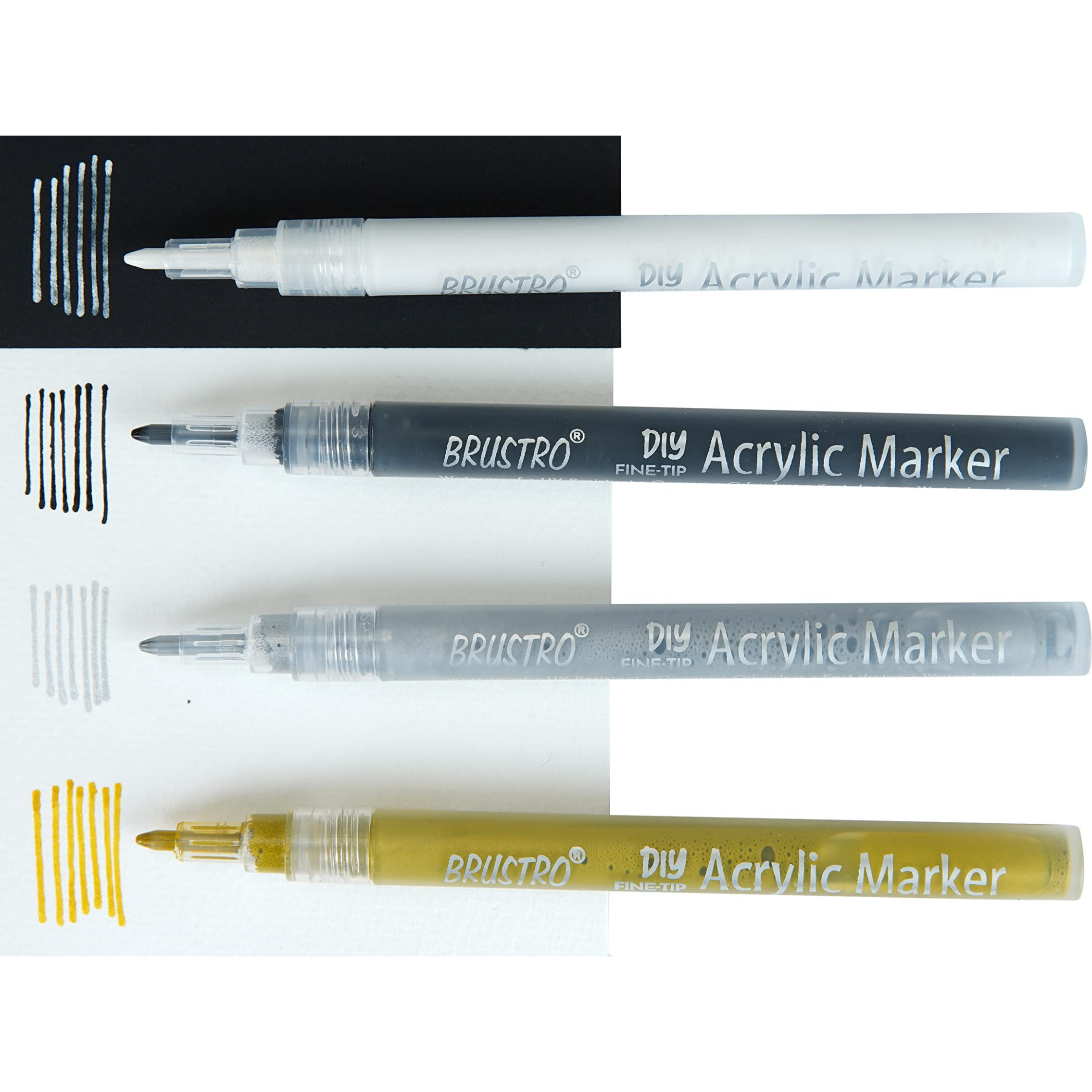 Brustro Acrylic (DIY) Fine Tip Marker Set of 4 - Gold, Silver, Black, White 0.8MM, for Craftworks, School Projects, and Other Presentations
