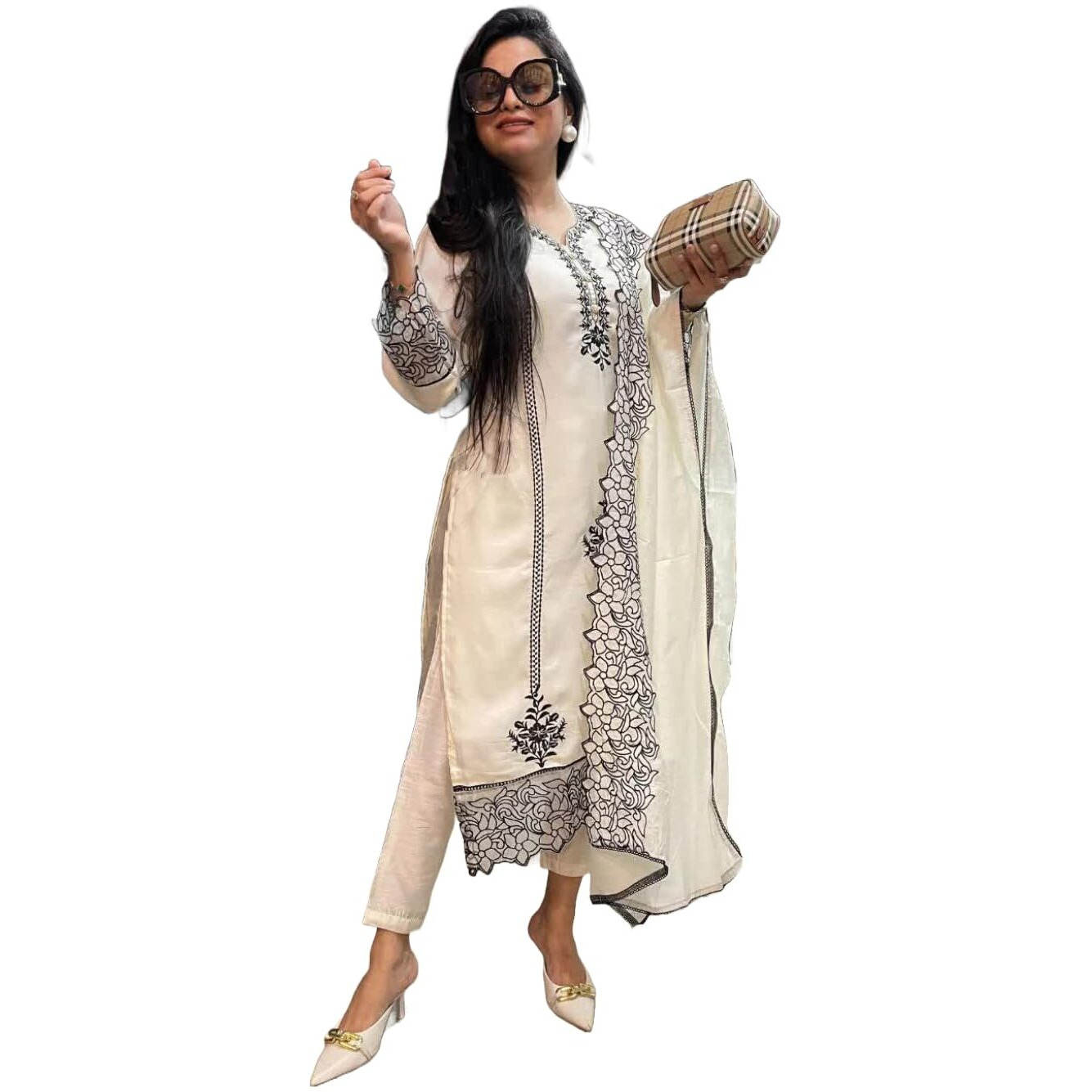 GoSriKi Women's Rayon Blend Straight Embroidered Kurta with Pant & Dupatta (TRP Off-White-NM-GS_M_White_Medium)