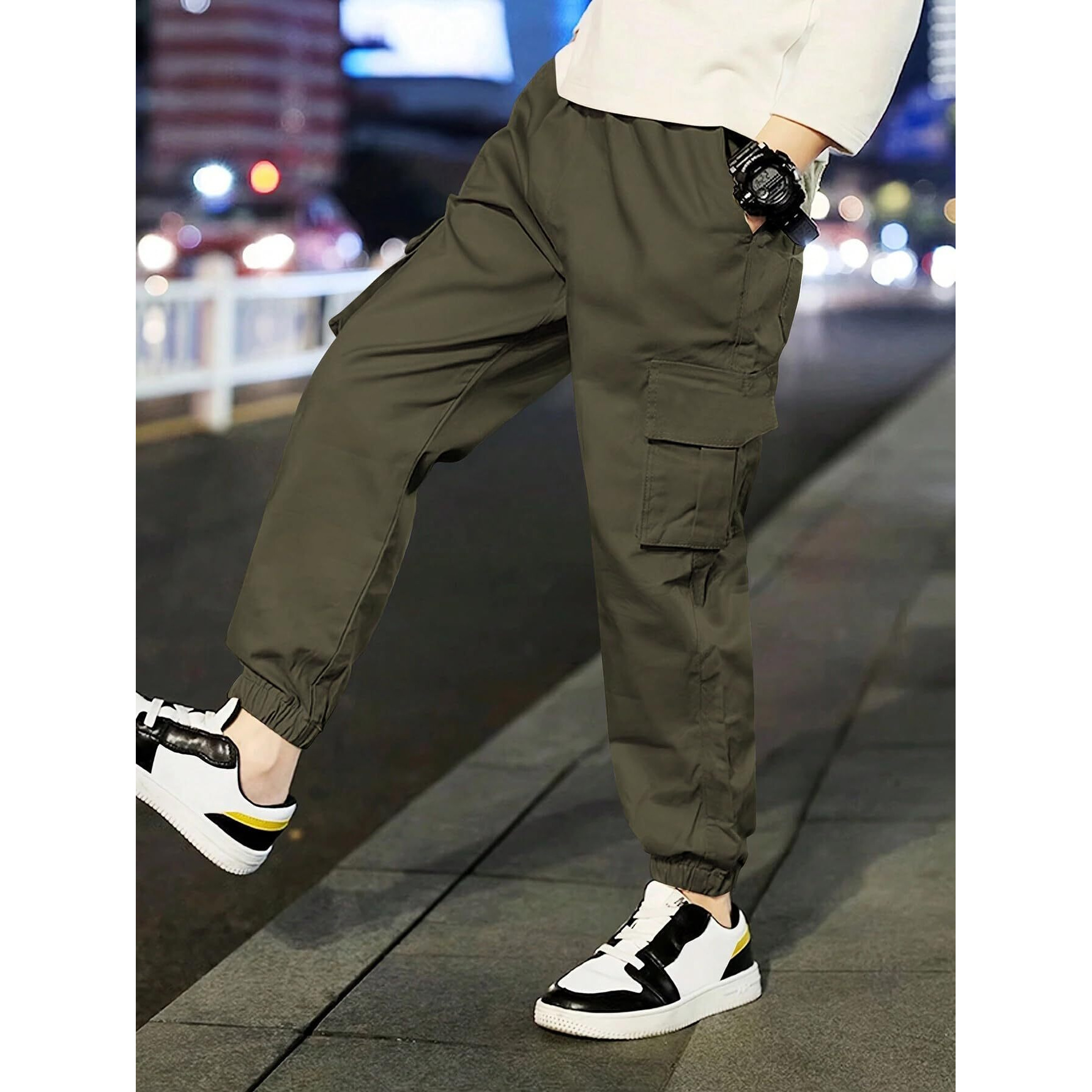 TAGAS Boy's Relaxed Casual Pants (KC-1-OLIVE Grey_11 Years-12 Years)
