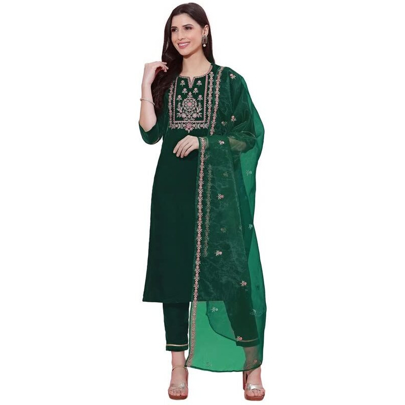 Sanisa Women's Velvet Embroidery Straight Kurta Set with Dupatta (35KBD442N-M_Dark Green)