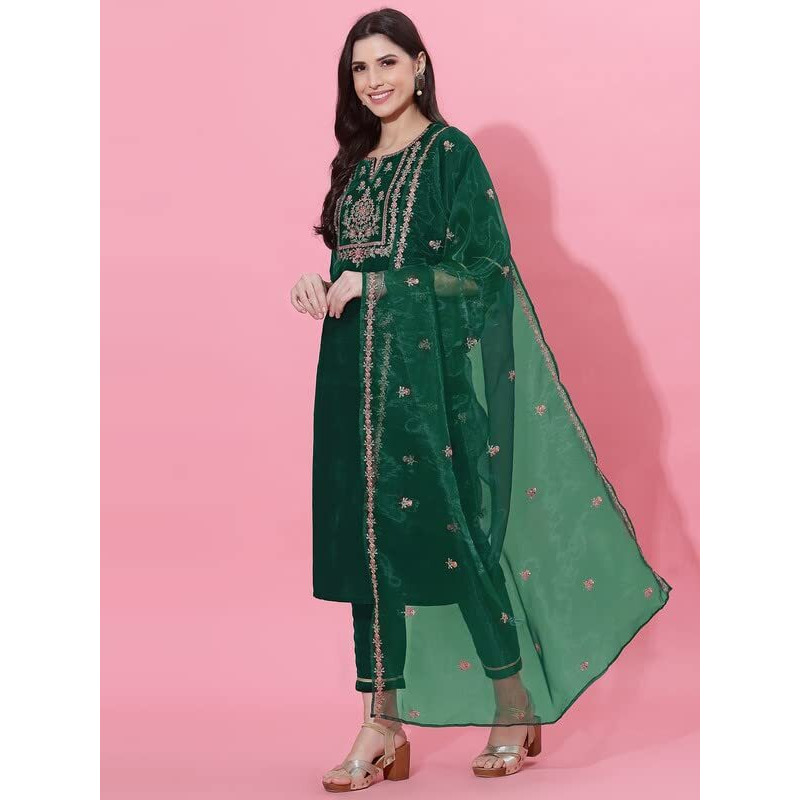 Sanisa Women's Velvet Embroidery Straight Kurta Set with Dupatta (35KBD442N-M_Dark Green)