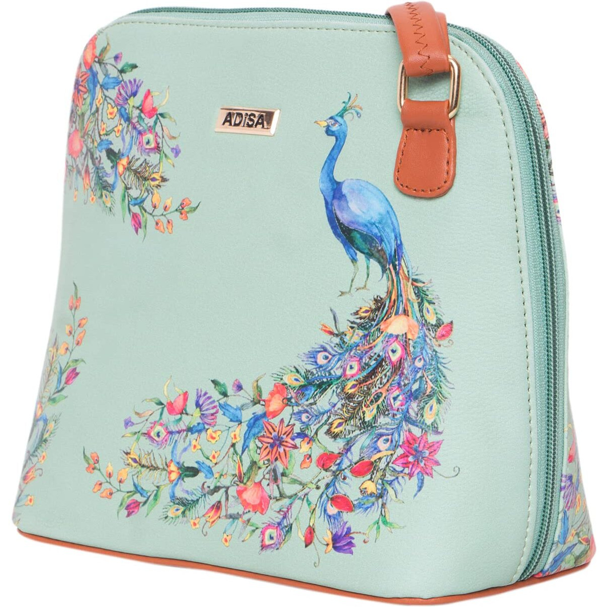ADISA Women Girls Floral Print Faux Leather Sling Bag Crossbody (Sea Green)