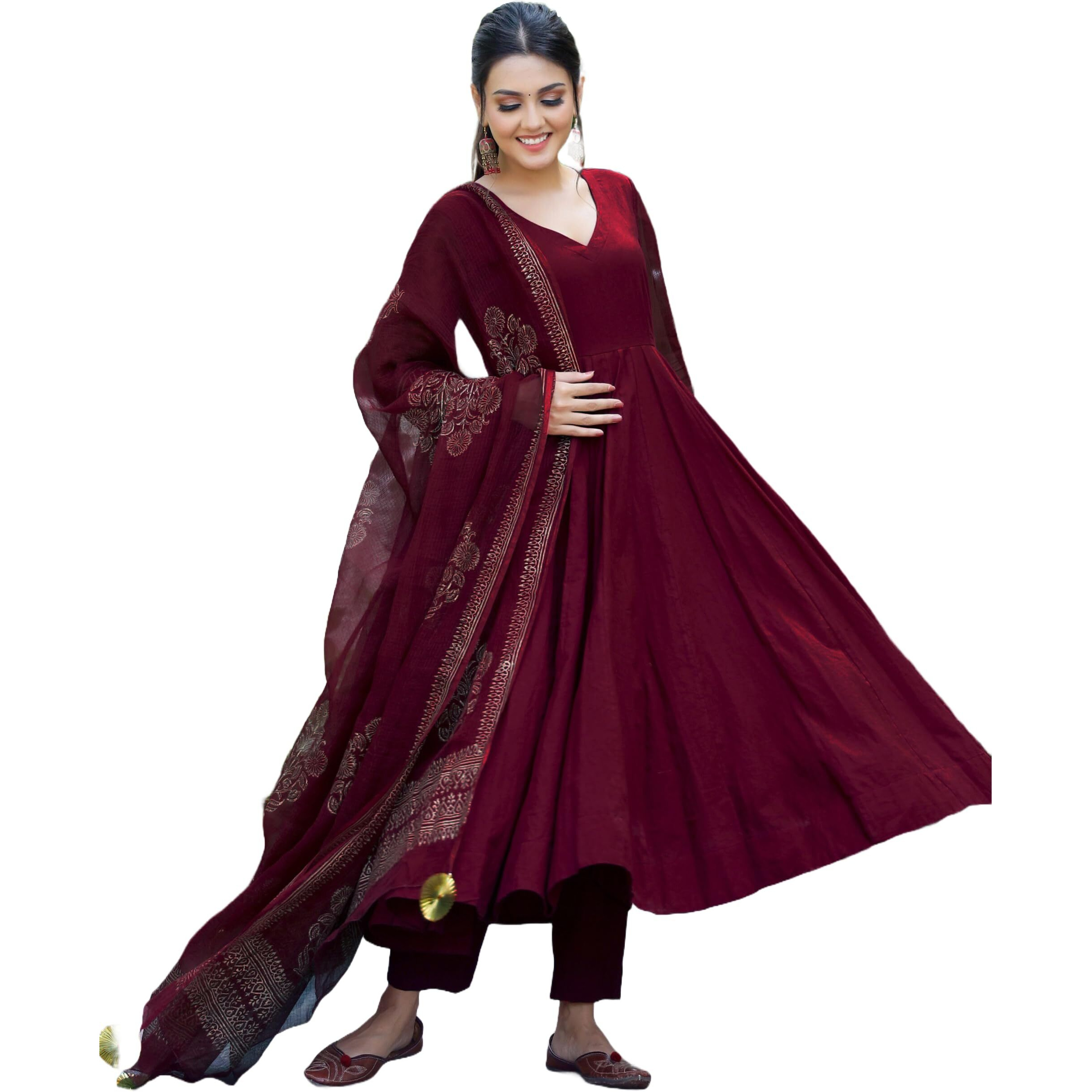 GoSriKi Women's Cotton Blend Solid Anarkali Kurta with Pant & Dupatta (MAGIC-WINE-GS_M_Wine_Medium)