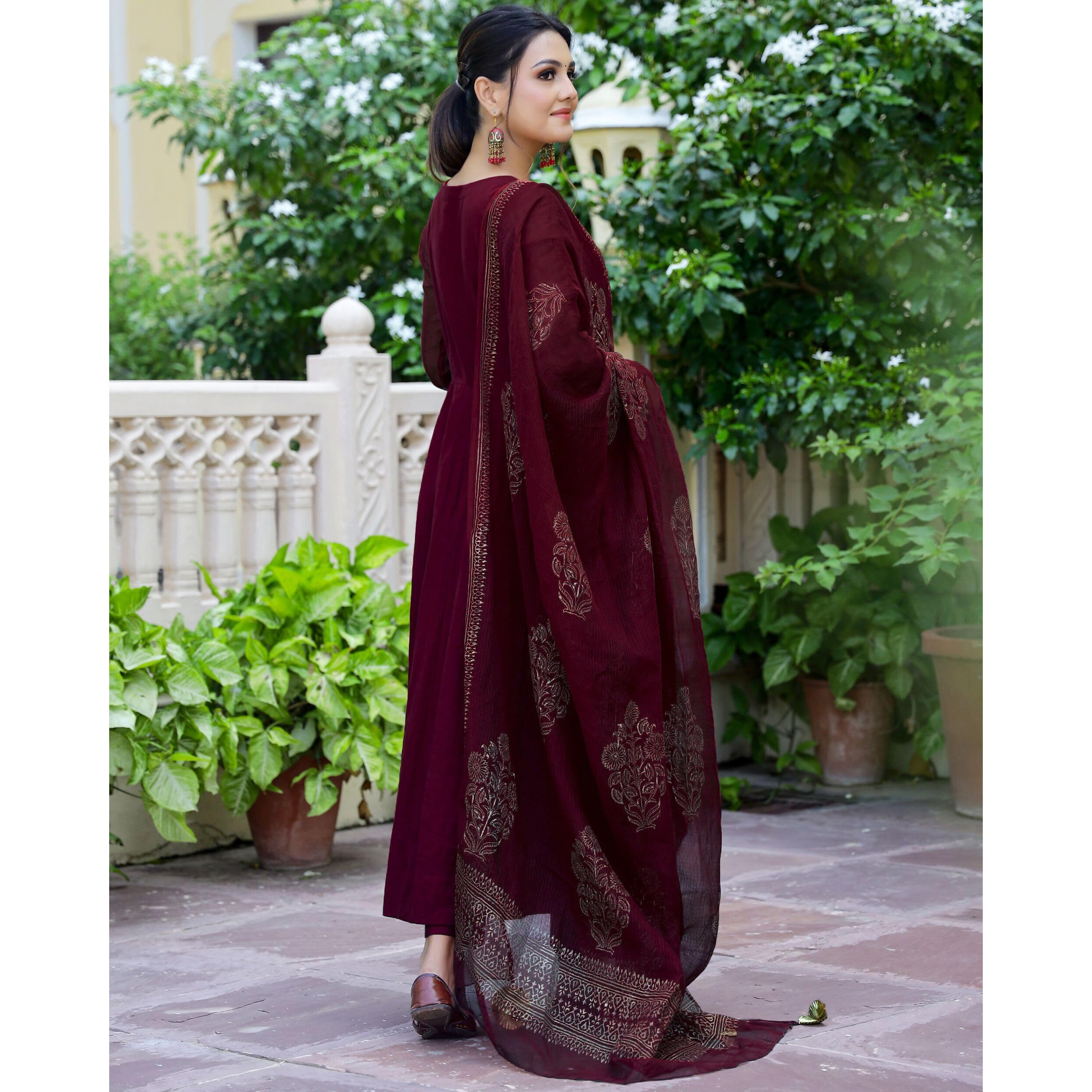 GoSriKi Women's Cotton Blend Solid Anarkali Kurta with Pant & Dupatta (MAGIC-WINE-GS_M_Wine_Medium)