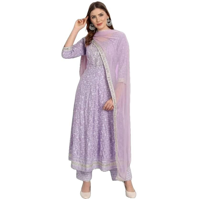 LookMark Women's Kurta Set in Light Purple Color and Cotton Blend Fabric with Pant and Dupatta (AZ-LM-OG-KS2154-S)
