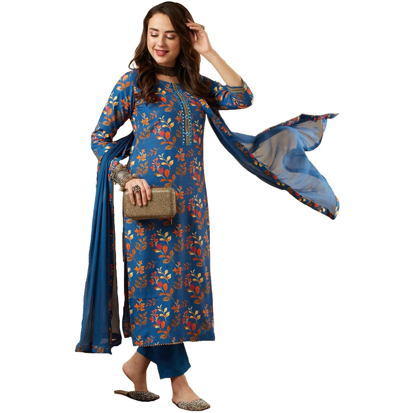 GoSriKi Women's Cotton Blend Printed Straight Kurta and Pant with Dupatta Set (KALEPING-KEROSIN-NW-GS_XL_Dark Blue_X-Large)