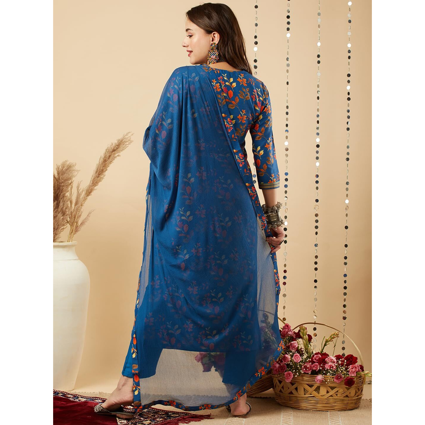 GoSriKi Women's Cotton Blend Printed Straight Kurta and Pant with Dupatta Set (KALEPING-KEROSIN-NW-GS_XL_Dark Blue_X-Large)