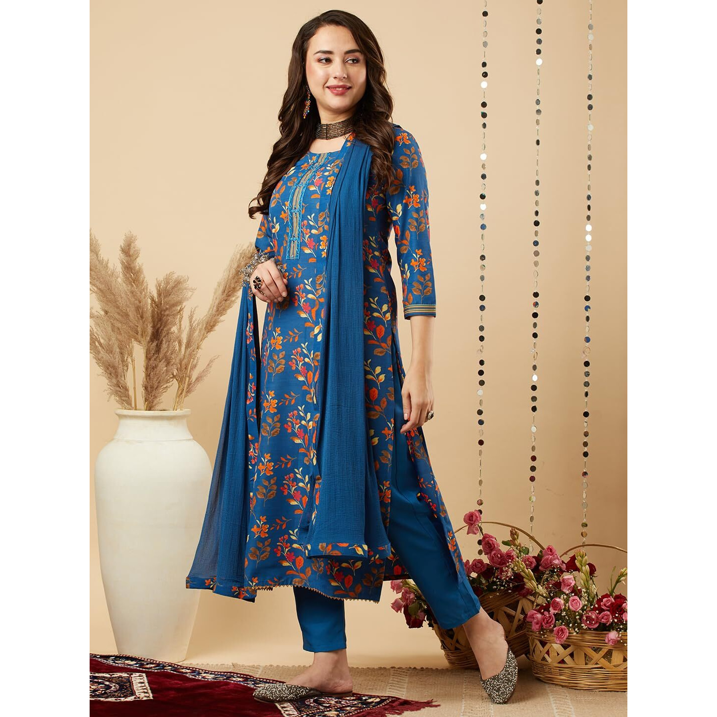 GoSriKi Women's Cotton Blend Printed Straight Kurta and Pant with Dupatta Set (KALEPING-KEROSIN-NW-GS_XL_Dark Blue_X-Large)
