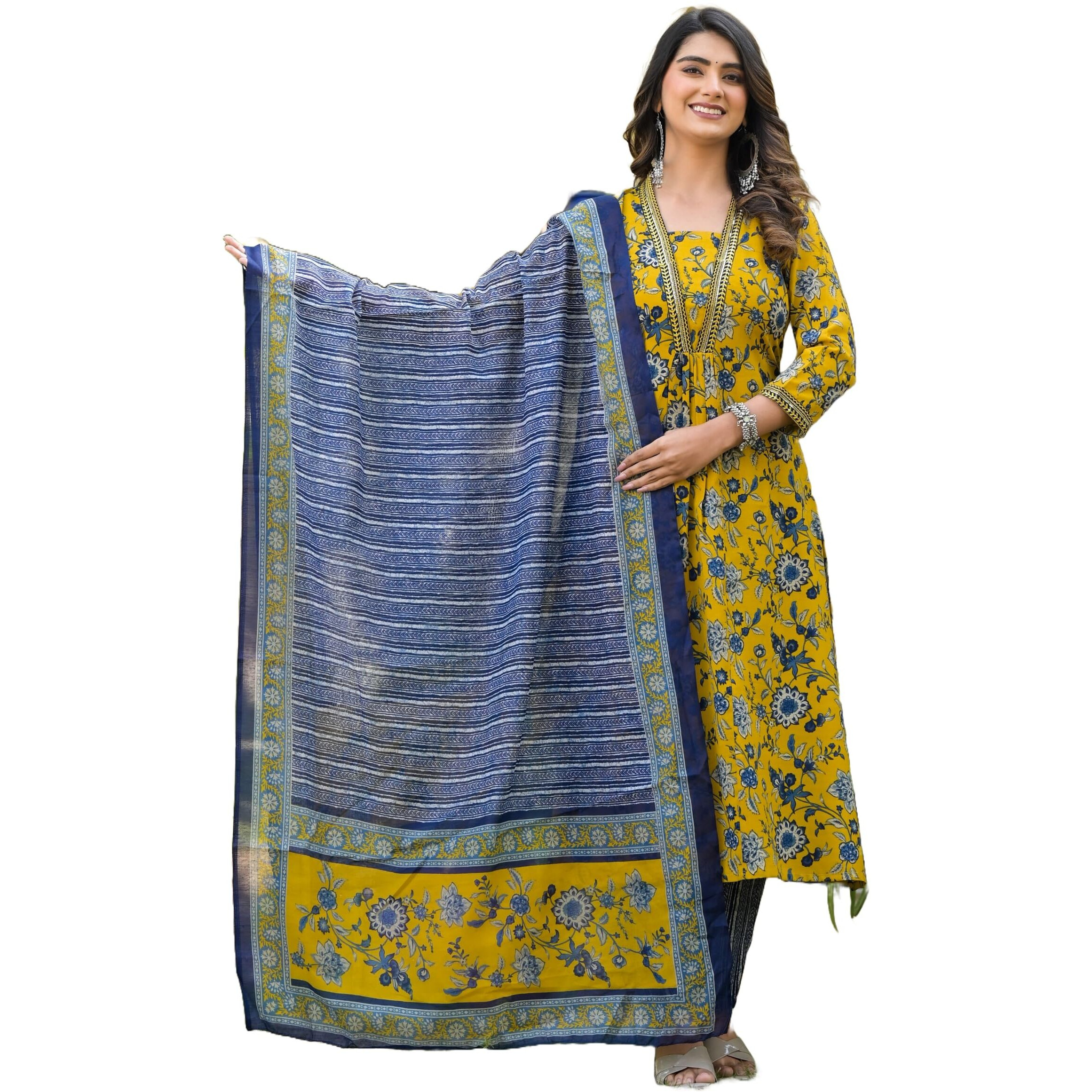 KLOSIA Women Block Printed Anarkali Kurta and Pant Set with Dupatta |Kurta Set for Women |Kurta Set with Dupatta for Women | Suit Set | Embroidery | Ethnic Set | Printed Kurta Set | (X-Large) Green