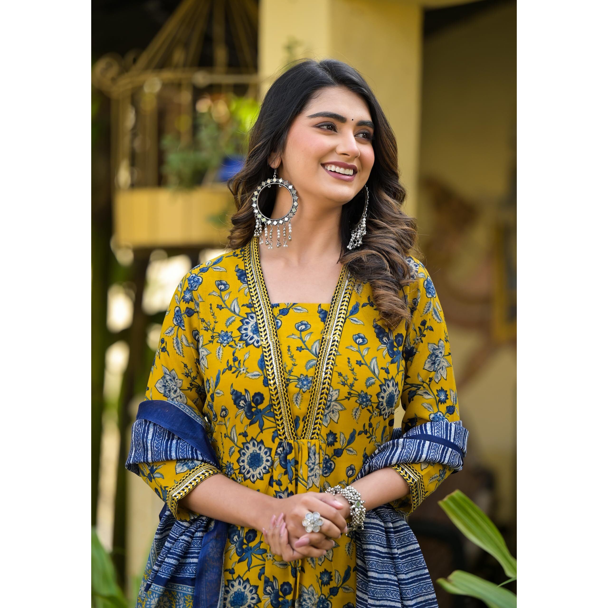 KLOSIA Women Block Printed Anarkali Kurta and Pant Set with Dupatta |Kurta Set for Women |Kurta Set with Dupatta for Women | Suit Set | Embroidery | Ethnic Set | Printed Kurta Set | (X-Large) Green