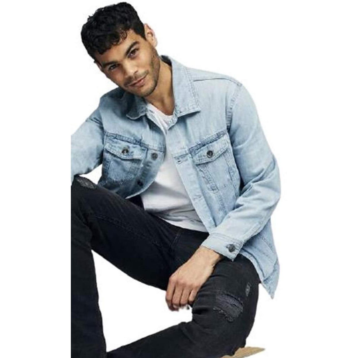 KOTTY Men Denim Full Sleeve Regular Winter Jacket(LightBlue,XL)