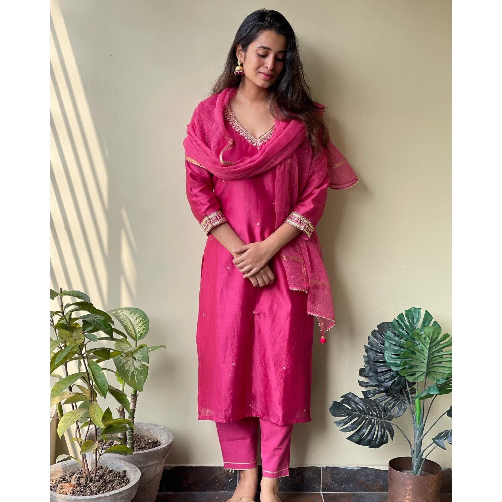 GoSriKi Women's Cotton Blend Kurta with Pant & Dupatta (BAGICHA-Rani-GS_Pink_XXX-Large)