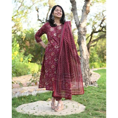 ANNI DESIGNER Women's Rayon Blend Straight Printed Kurta with Pant & Dupatta (PARAVA Maroon_XL_Maroon_X-Large)