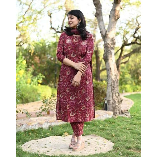 ANNI DESIGNER Women's Rayon Blend Straight Printed Kurta with Pant & Dupatta (PARAVA Maroon_XL_Maroon_X-Large)