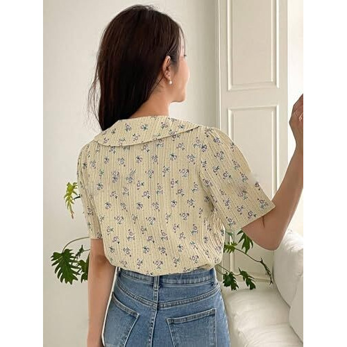 GRECIILOOKS Floral Regular Fit Long Tops Oversized Shirt for Women (GL-W1896_Yellow L)