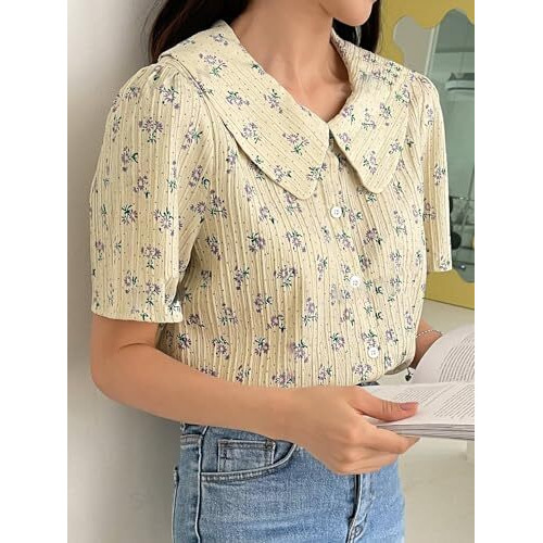 GRECIILOOKS Floral Regular Fit Long Tops Oversized Shirt for Women (GL-W1896_Yellow L)
