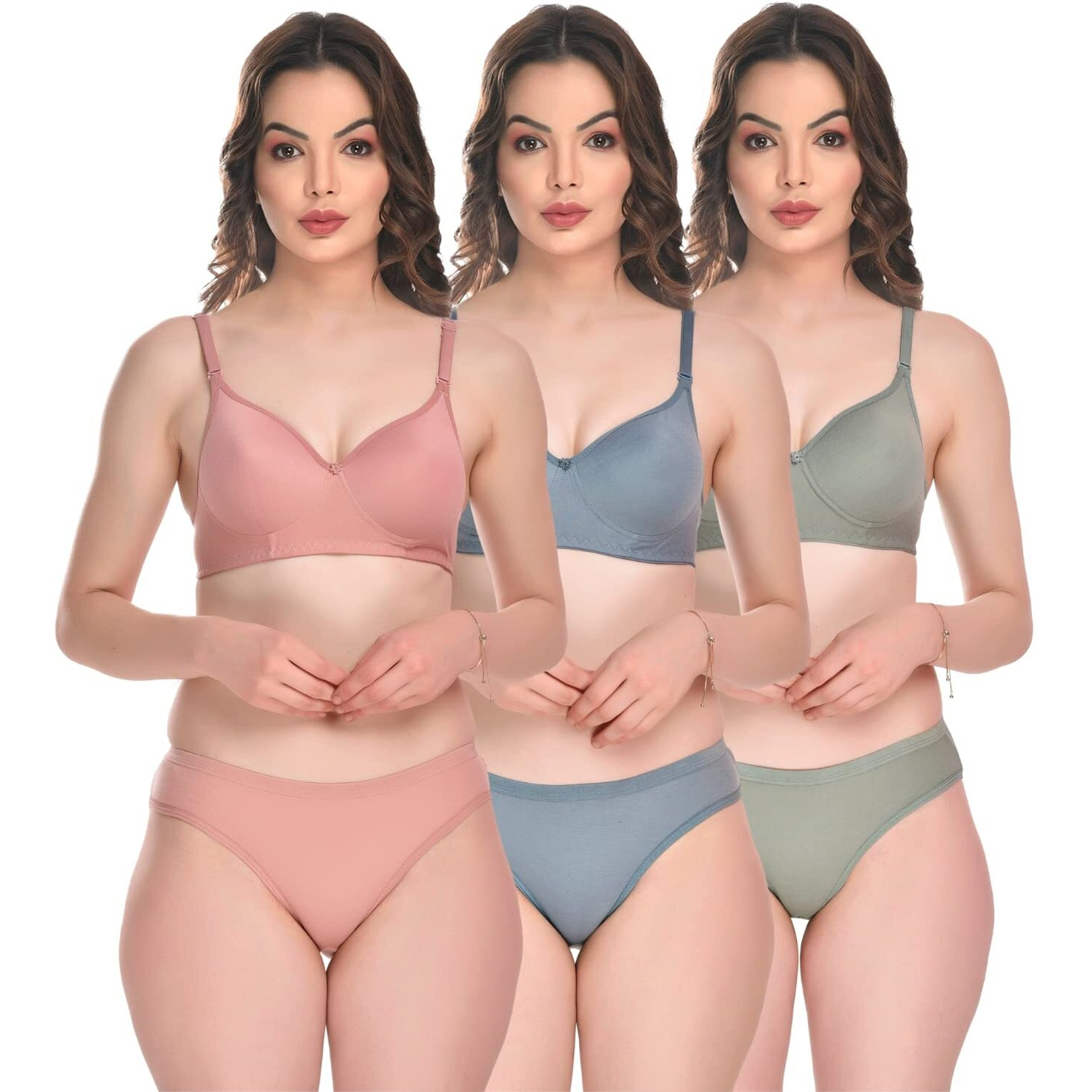 SGC SWEDEN Women Lingerie Set Non-Padded Women Cotton Full-Coverage Bra and Hipster Set Sexy Bra Panty Set Women Innerwear Pack of 3 Sets (B, Pink-Blue-Green, 34)