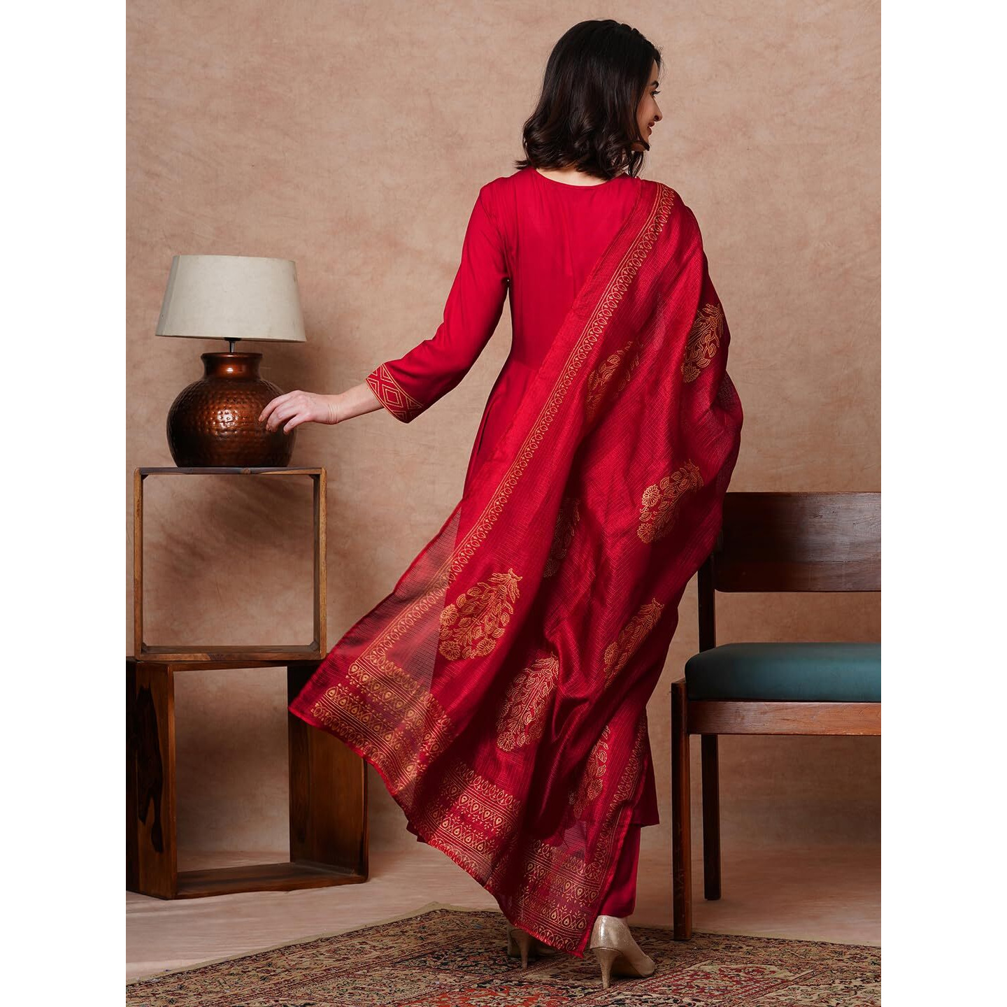 GoSriKi Women's Rayon Blend Solid Anarkali Kurta with Pant & Dupatta (Magic-RED-NDM-GS_XXL_Red_XX-Large)