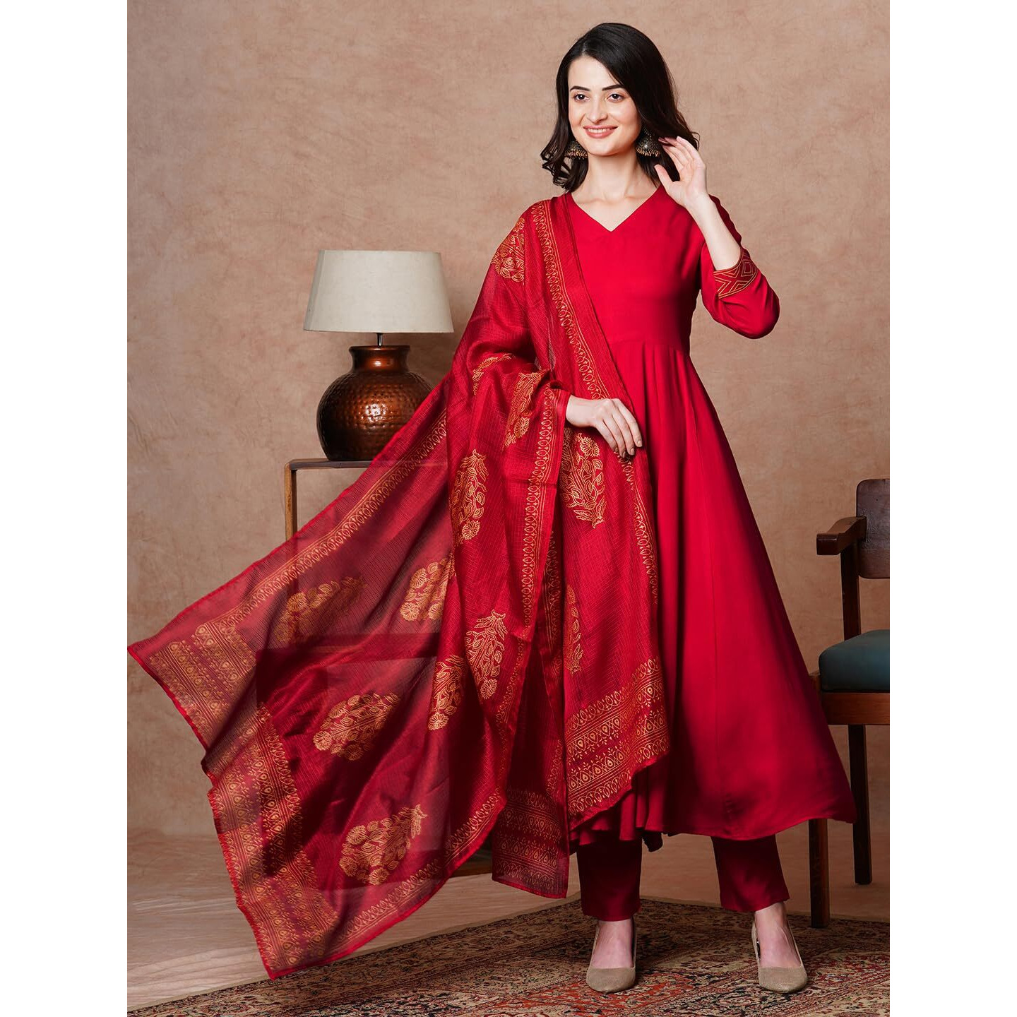 GoSriKi Women's Rayon Blend Solid Anarkali Kurta with Pant & Dupatta (Magic-RED-NDM-GS_XXL_Red_XX-Large)