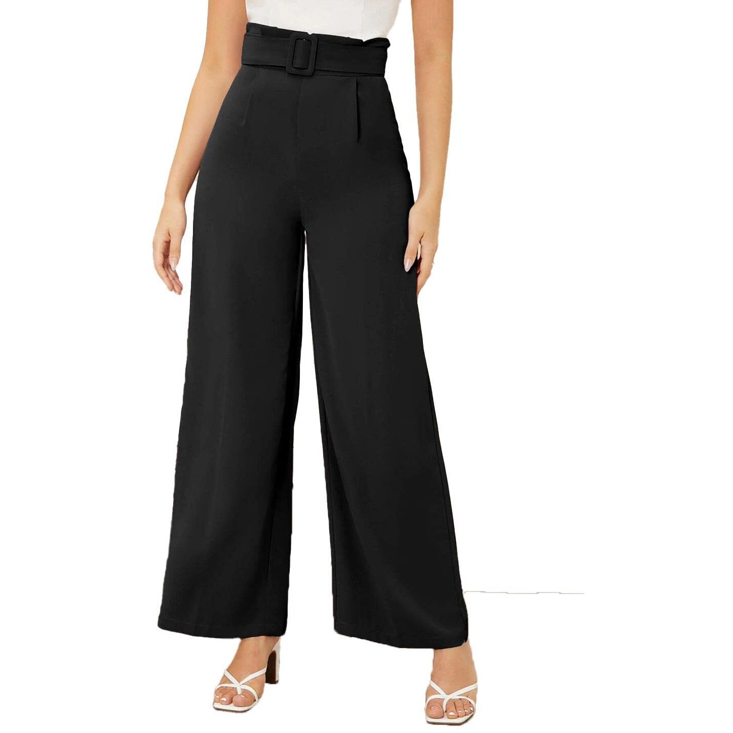 KOTTY Womens High Rise Viscose Rayon Flared Fit Solid Trousers Jet Black