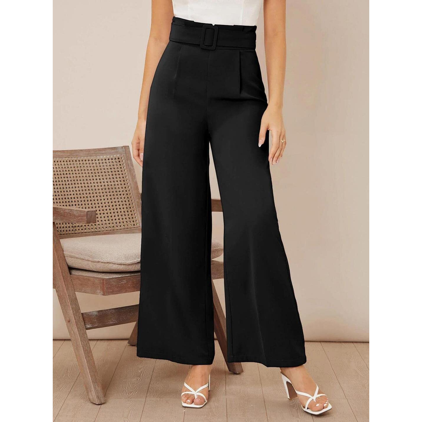 KOTTY Womens High Rise Viscose Rayon Flared Fit Solid Trousers Jet Black