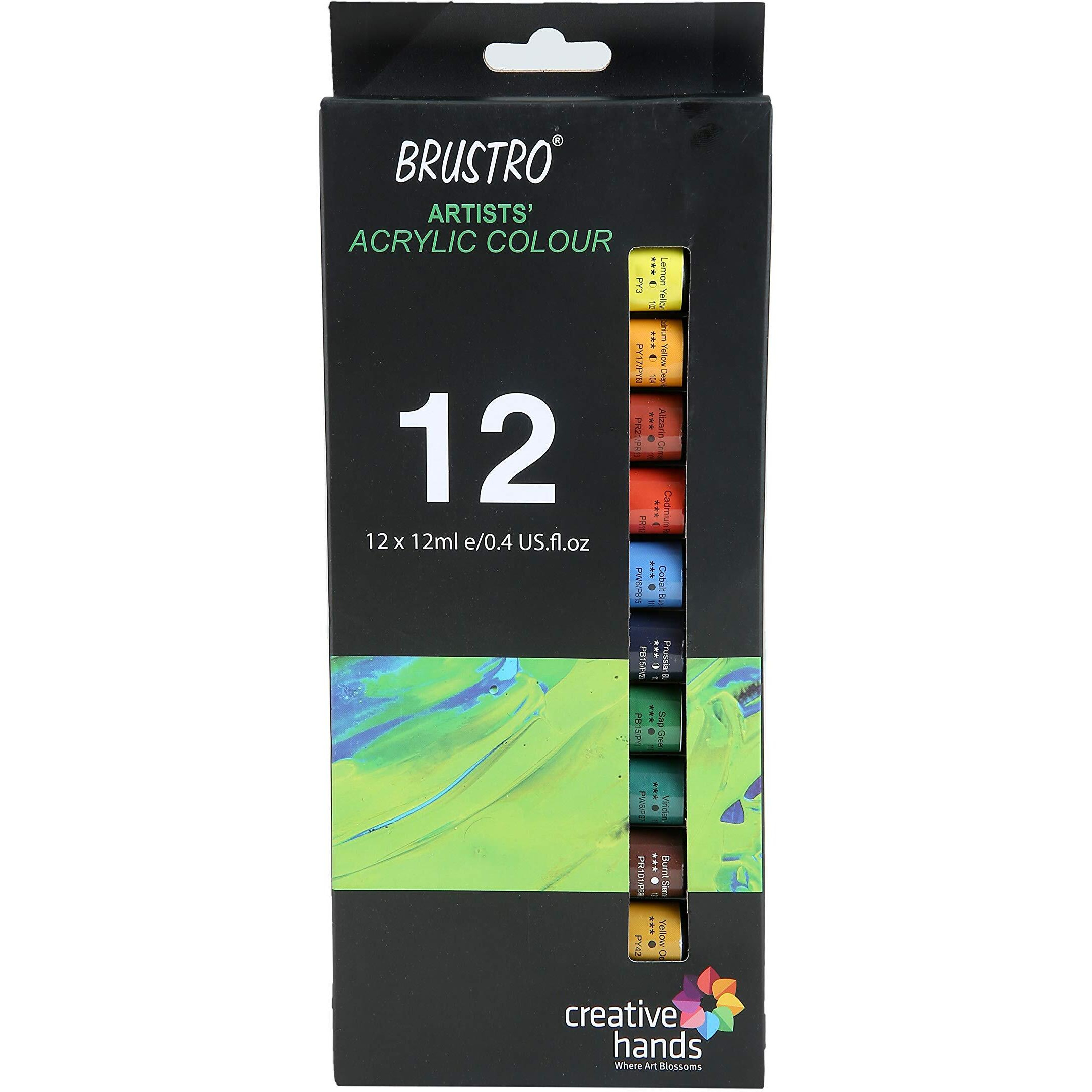 BRUSTRO Artist's Acrylic Colour | Set of 12 Colors X 12ml Tubes | Ideal for Students and Adults, DIY, Rich Pigment, Non-Craking Paint for Canvas, Wood, Leather, Portrait, Pouring Medium Art