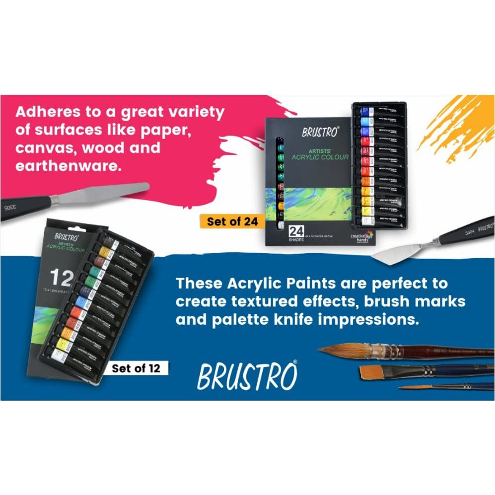 BRUSTRO Artist's Acrylic Colour | Set of 12 Colors X 12ml Tubes | Ideal for Students and Adults, DIY, Rich Pigment, Non-Craking Paint for Canvas, Wood, Leather, Portrait, Pouring Medium Art