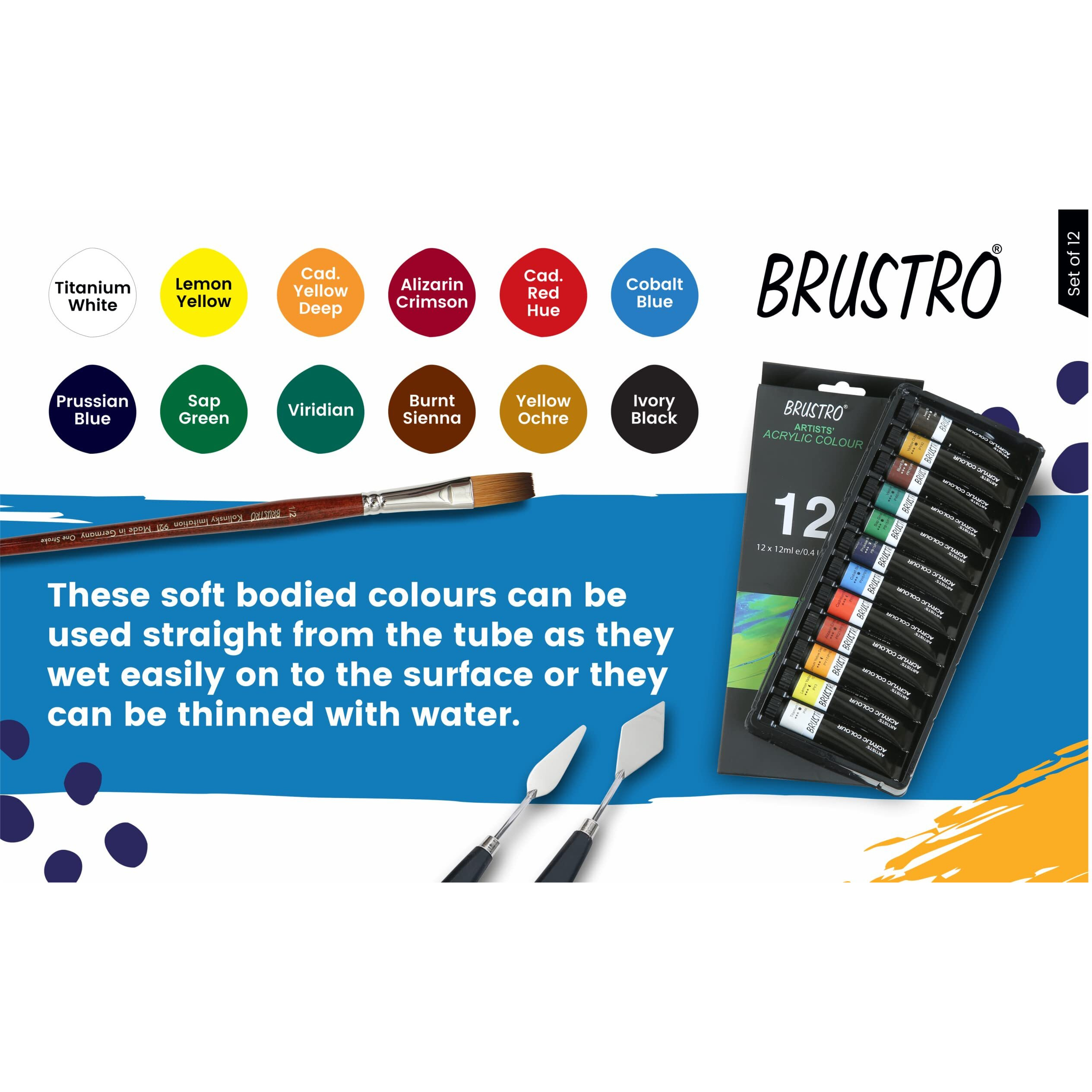 BRUSTRO Artist's Acrylic Colour | Set of 12 Colors X 12ml Tubes | Ideal for Students and Adults, DIY, Rich Pigment, Non-Craking Paint for Canvas, Wood, Leather, Portrait, Pouring Medium Art