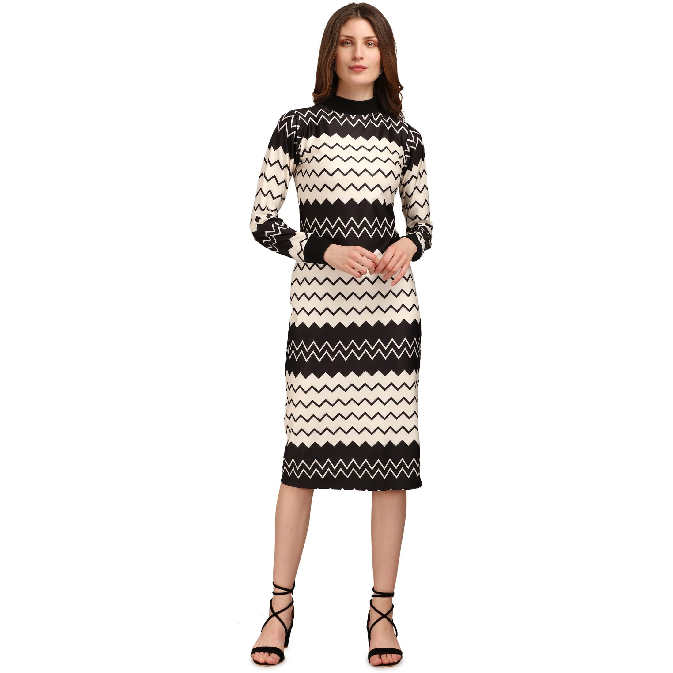 PURVAJA Women's Polyester Blend Bodycon Knee-Length Cocktail Dress Siri-037-Zigzag-Medium_Beige