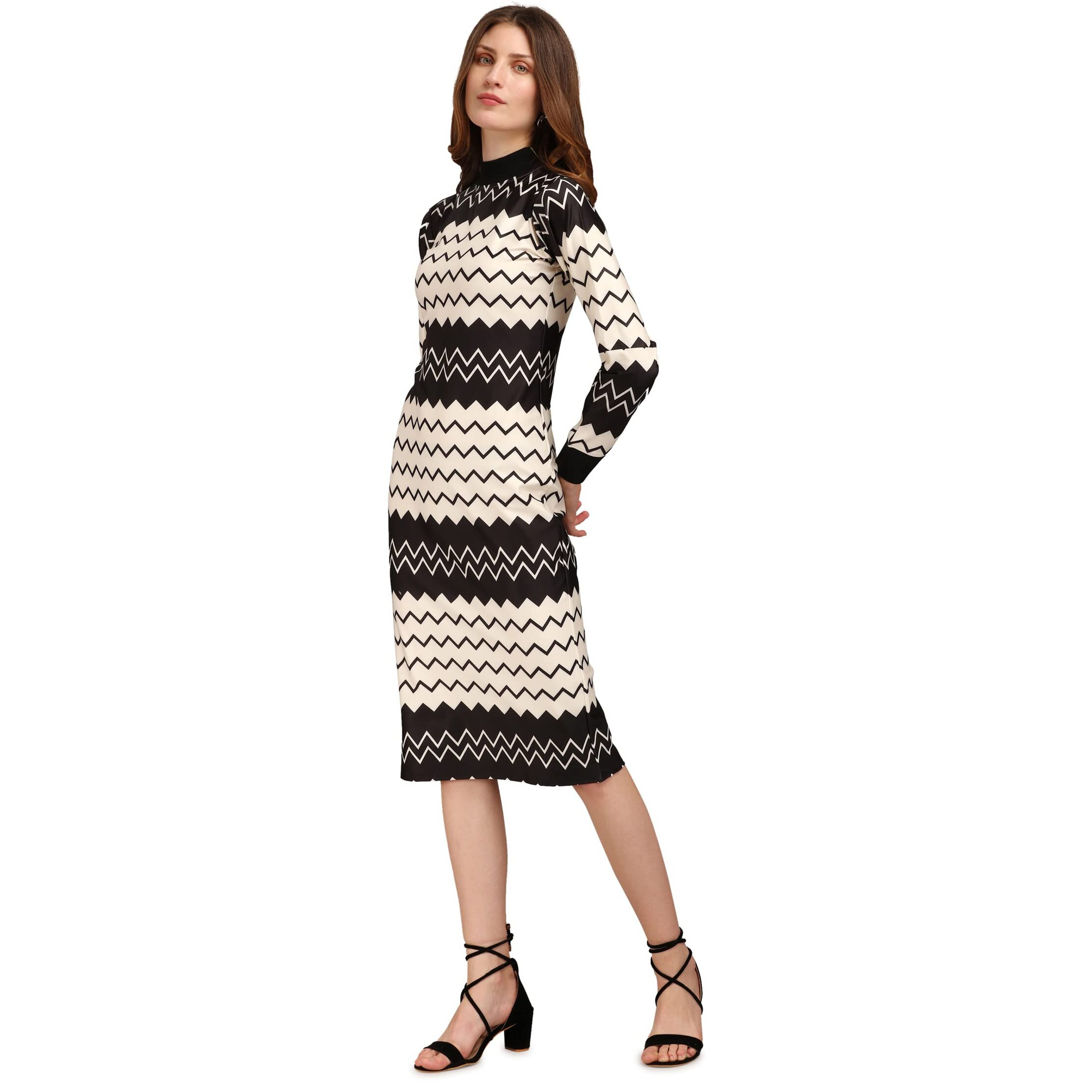 PURVAJA Women's Polyester Blend Bodycon Knee-Length Cocktail Dress Siri-037-Zigzag-Medium_Beige