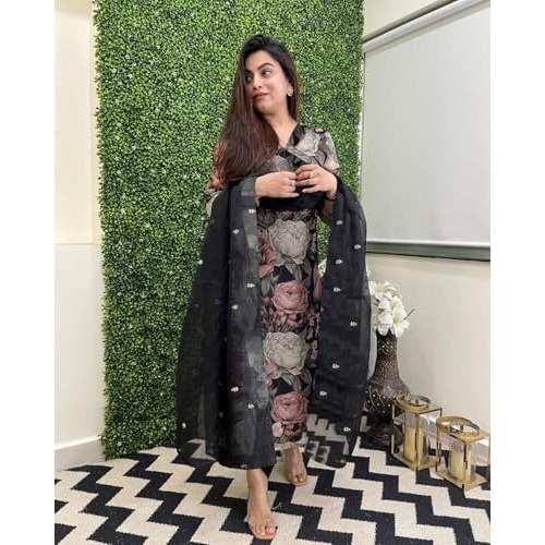 ANNI DESIGNER Women's Cotton Blend Straight Printed Kurta with Pant & Dupatta (Poona Black_S_Black_Small)