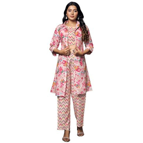 GRECIILOOKS 3 Piece Co-Ord Set for Women | Formal/Office Co-Ord Set for Women | Blazer Co-Ord Set for Women | Designer Kurta Set for Women | Kurta Set (in, Alpha, XL, Regular, Pink)