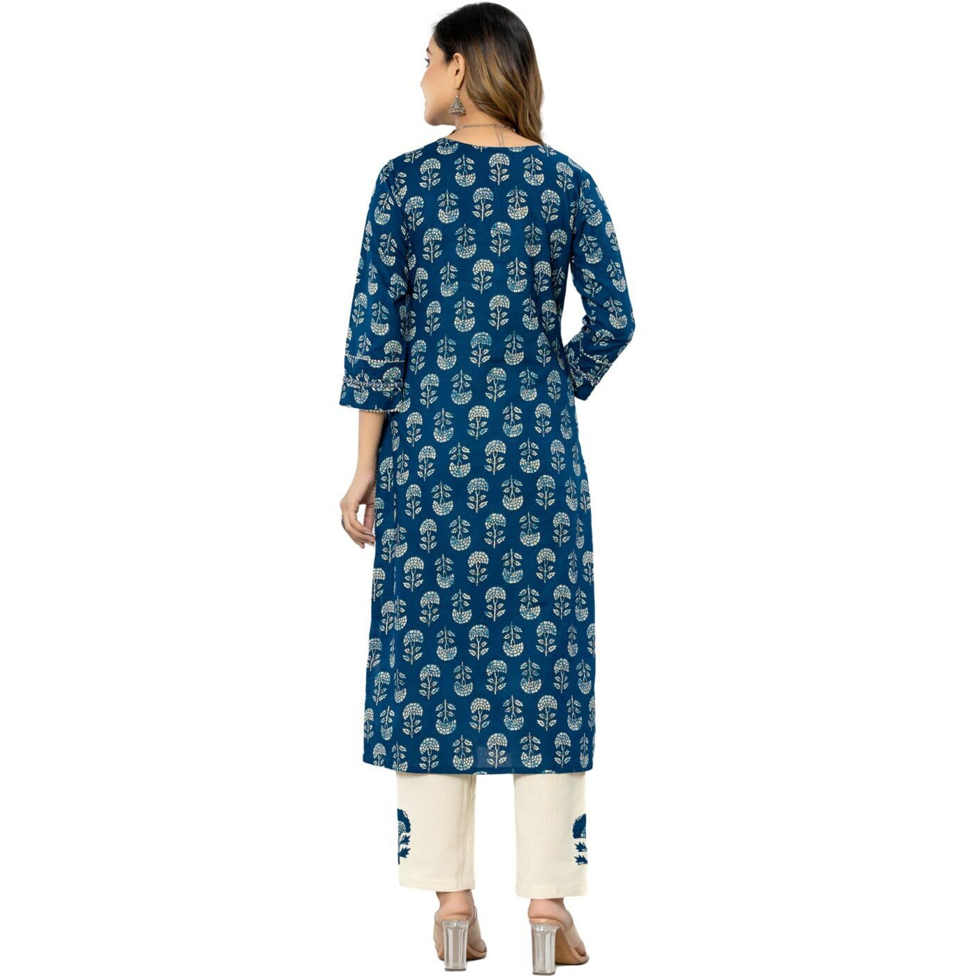 rytras Women's Cotton Printed Straight Kurta with Palazzos Pant(RYT546,Blue,XXL)