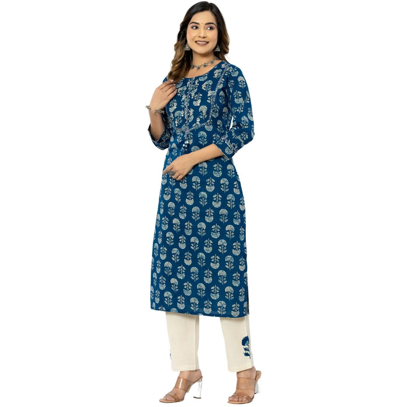 rytras Women's Cotton Printed Straight Kurta with Palazzos Pant(RYT546,Blue,XXL)