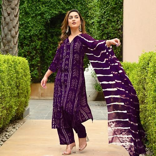 ANNI DESIGNER Women's Rayon Blend Straight Bandhej Printed Kurta with Pant & Dupatta (Baghira Begani_XXL_Begani_XX-Large)