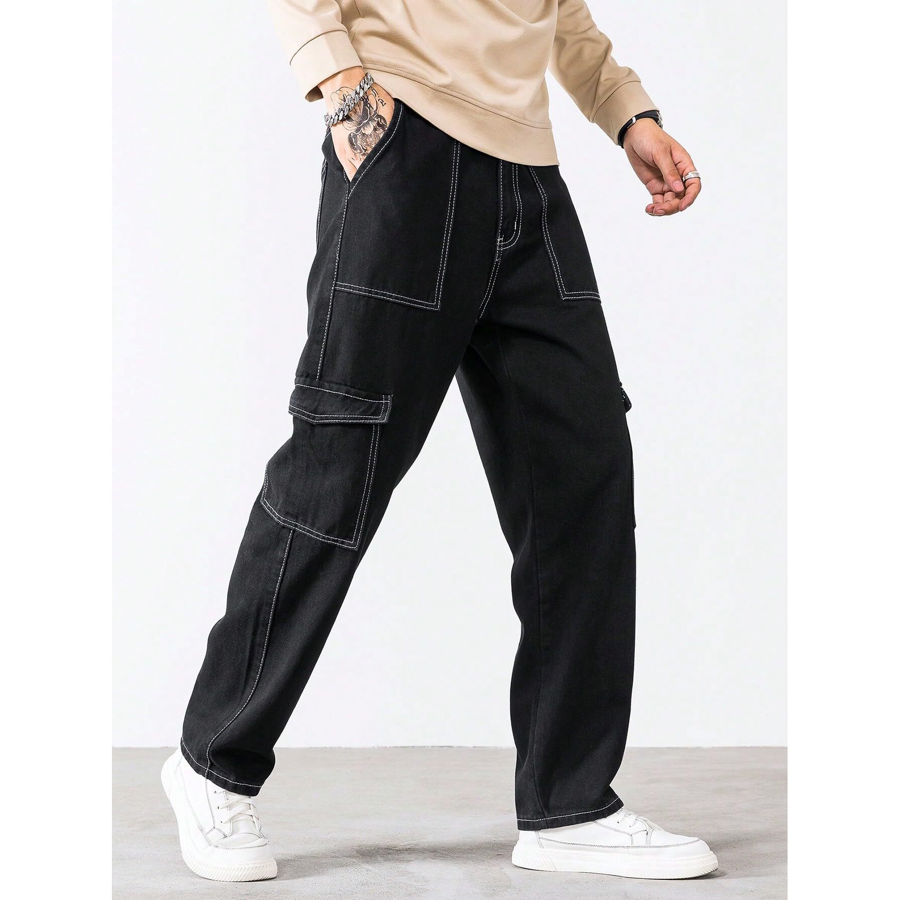 AVANOVA Black Bell-Bottom Men Cargo Jeans II Men Cargo Pants II Denim Cargo for Men II Cotton Pant II Wide Legs II Flap Pockets II Cargo for Men (Jeans-119-Black-30)