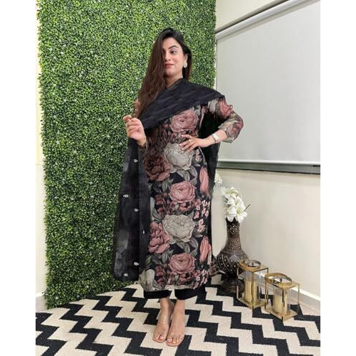 ANNI DESIGNER Women's Cotton Blend Straight Printed Kurta with Pant & Dupatta (Poona Black_5XL_Black_XXXXX-Large)