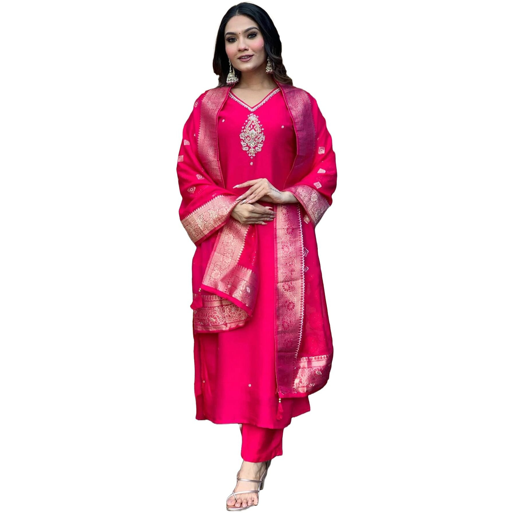GoSriKi Women's Silk Blend Straight Embroidered Kurta with Pant & Dupatta (Premium Pink-GS_L_Pink_Large)