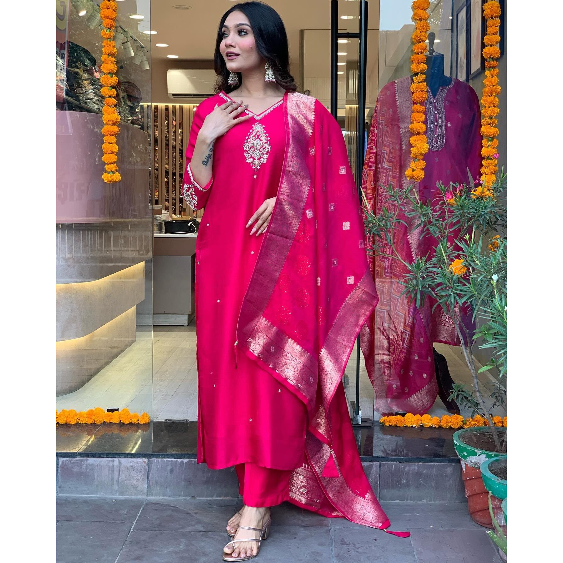 GoSriKi Women's Silk Blend Straight Embroidered Kurta with Pant & Dupatta (Premium Pink-GS_L_Pink_Large)