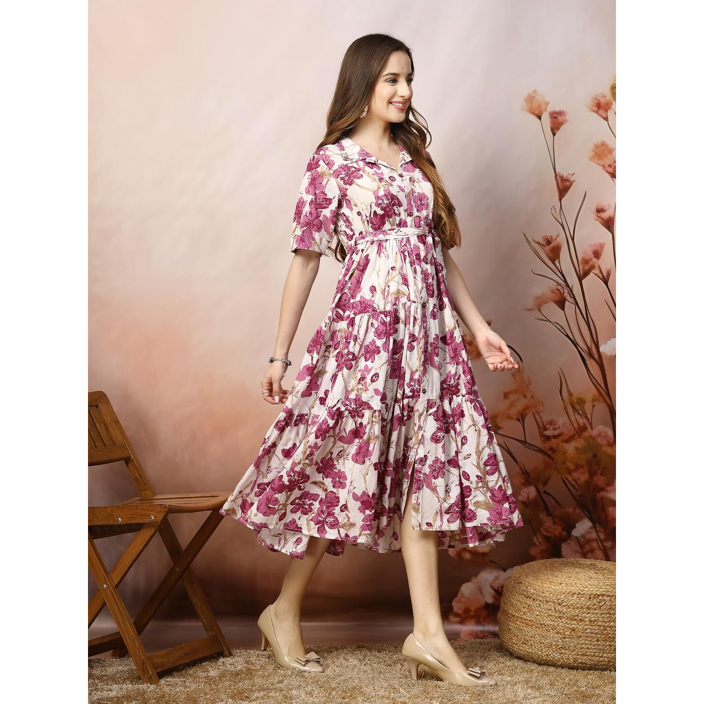 Stylum Women's Floral Printed Cotton Flared Dress (DRSMAGENTAKINNU38_Magenta, M)