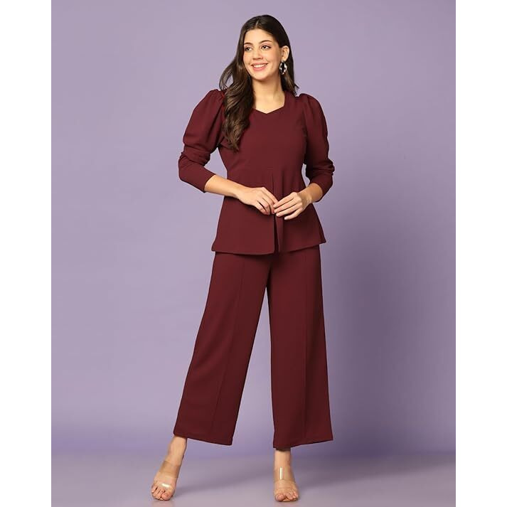 GRECIILOOKS Womens A-Line Lycra Regular Fit Co-Ord Set (Red, Small)