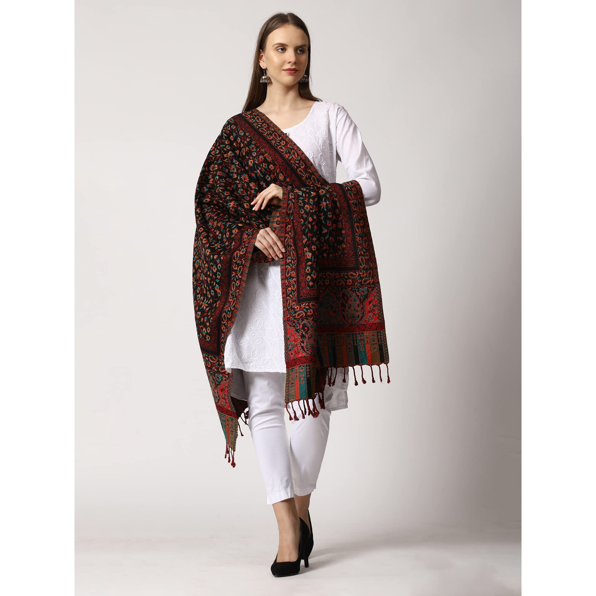 SWI WITH LABEL Women's Kashmiri Jamawar Woven Wool Stole (2K45_Black)