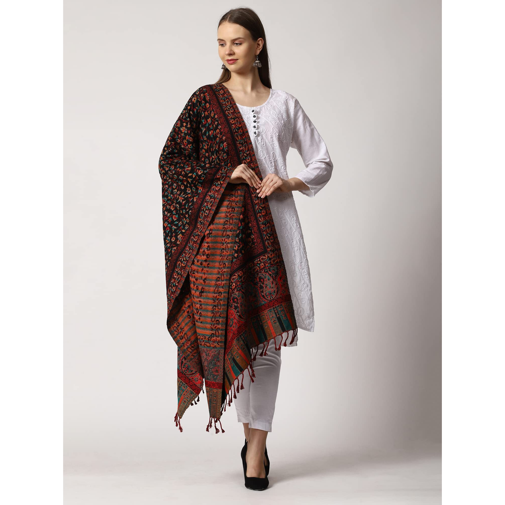 SWI WITH LABEL Women's Kashmiri Jamawar Woven Wool Stole (2K45_Black)