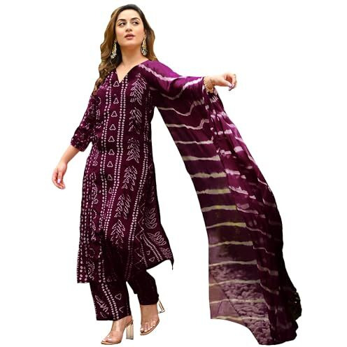 ANNI DESIGNER Women's Rayon Blend Straight Bandhej Printed Kurta with Pant & Dupatta (Baghira Wine_XXL_Wine_XX-Large)
