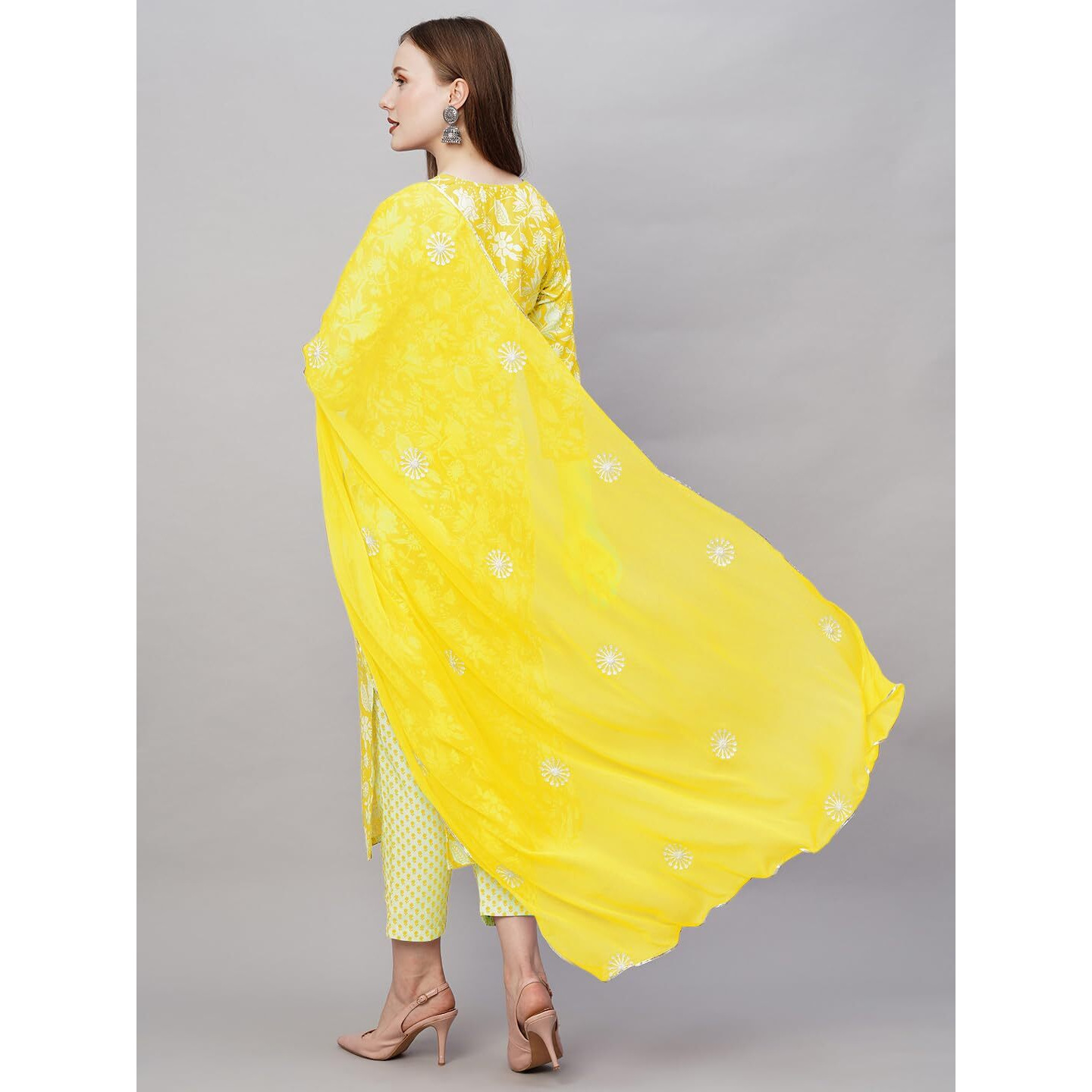 GoSriKi Women's Cotton Blend Straight Printed Kurta with Pant & Dupatta (MEI Yellow-GS_L_Yellow_Large)