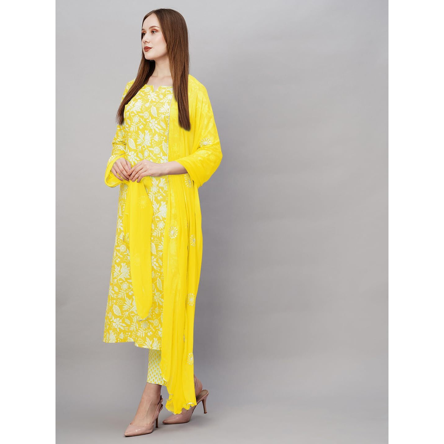 GoSriKi Women's Cotton Blend Straight Printed Kurta with Pant & Dupatta (MEI Yellow-GS_L_Yellow_Large)
