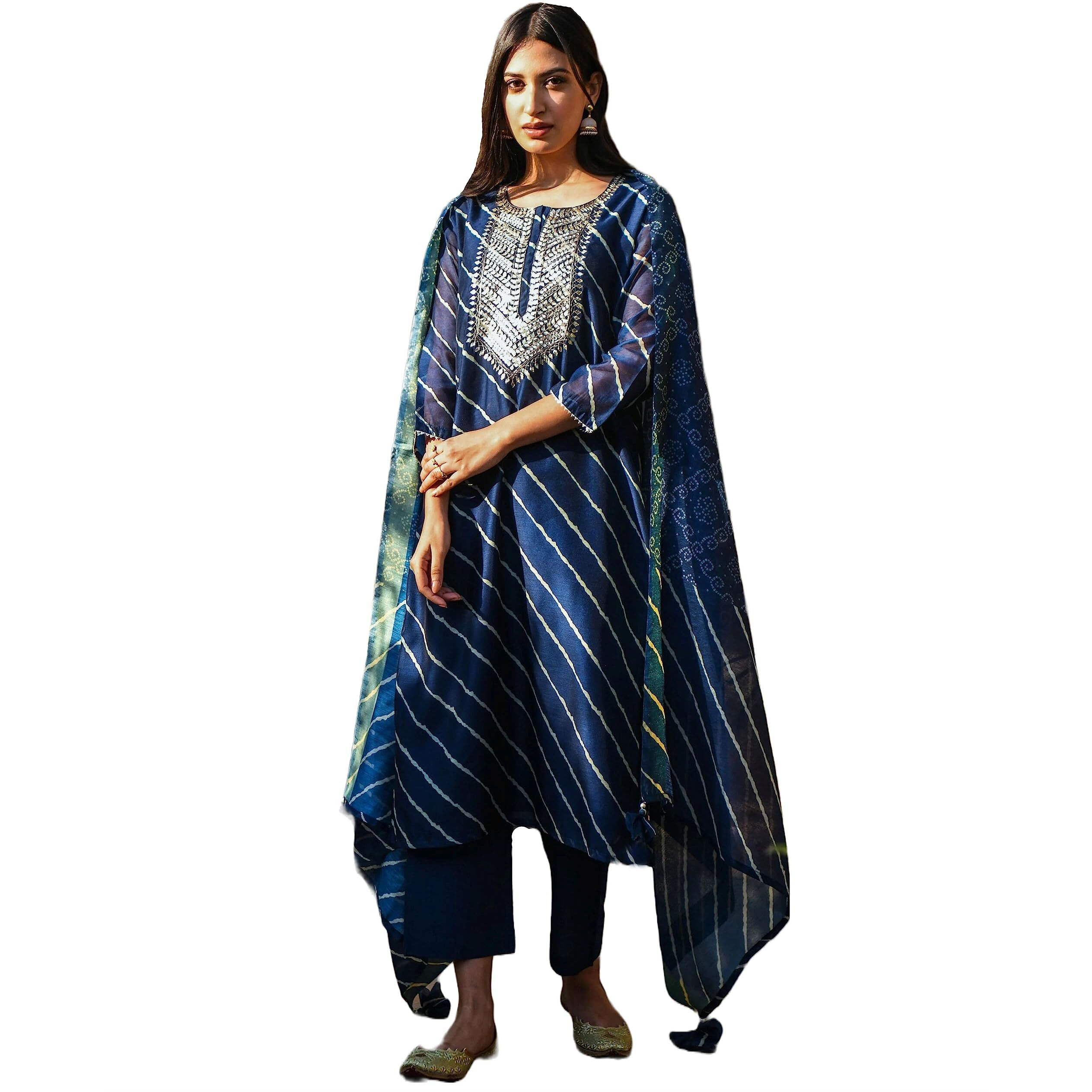 GoSriKi Women's Cotton Blend Straight Printed Kurta with Pant & Dupatta (Doremi Navy-GS_3XL_Navy Blue_XXX-Large)
