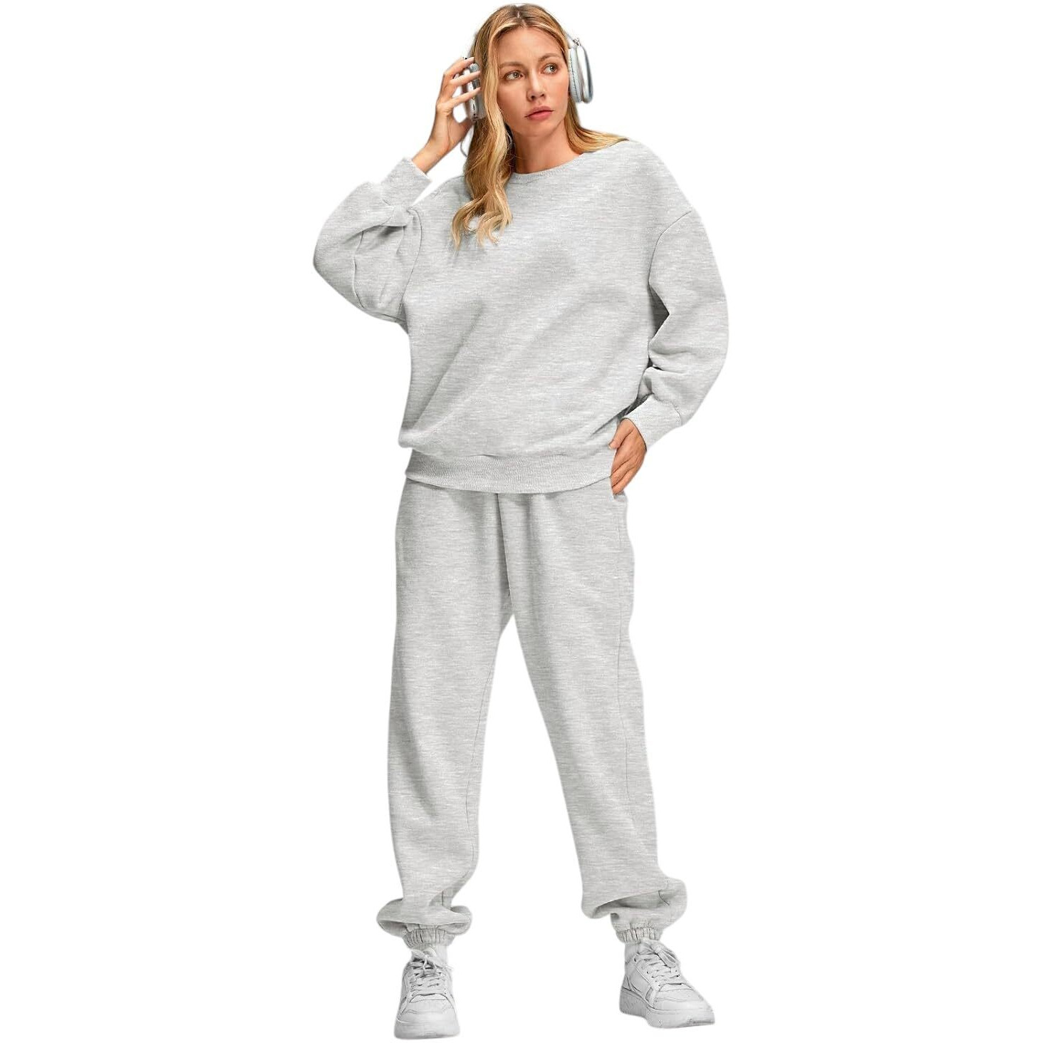 Q - RIOUS Women Oversize Sweatshirt & Joggers Track Suit Co-ord Set, Grey, Small