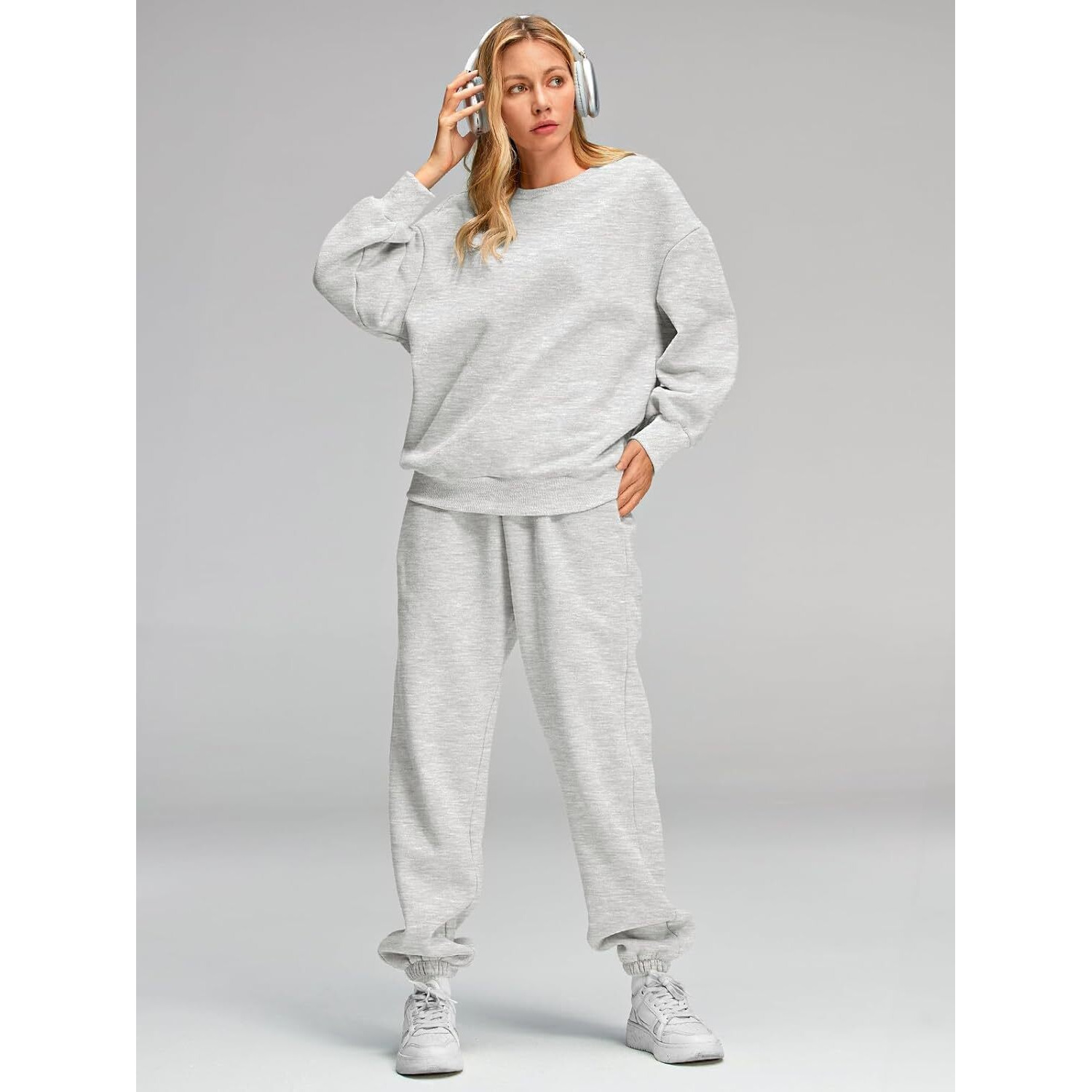 Q - RIOUS Women Oversize Sweatshirt & Joggers Track Suit Co-ord Set, Grey, Small